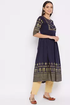 Navy-blue printed cotton cotton-kurtis