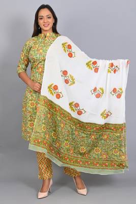 Varyaa Women's Pure Cambric Cotton Floral Printed Kurti - Pant & Duppatta 3PCS Set 1