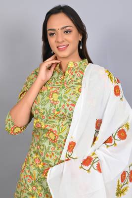 Varyaa Women's Pure Cambric Cotton Floral Printed Kurti - Pant & Duppatta 3PCS Set 6