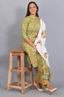 Varyaa Women's Pure Cambric Cotton Floral Printed Kurti - Pant & Duppatta 3PCS Set 7