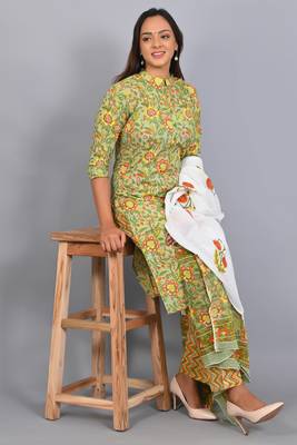 Varyaa Women's Pure Cambric Cotton Floral Printed Kurti - Pant & Duppatta 3PCS Set 8