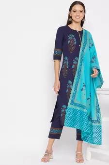 Navy-blue floral print cotton salwar