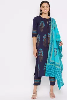 Navy-blue floral print cotton salwar