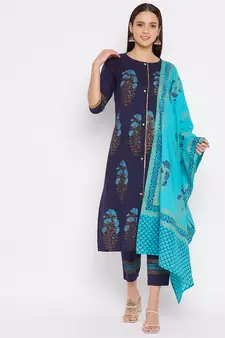 Navy-blue floral print cotton salwar