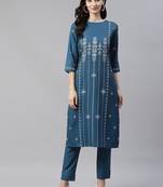 Teal printed rayon kurtas-and-kurtis