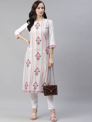 Cream printed rayon kurtas-and-kurtis 5
