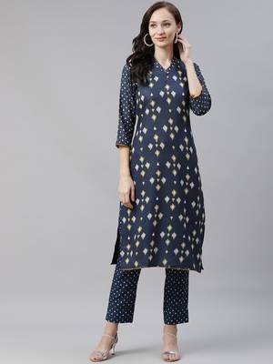 Navy-blue printed rayon kurtas-and-kurtis 1