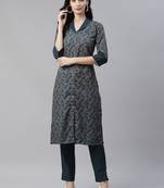 Teal printed rayon kurtas-and-kurtis