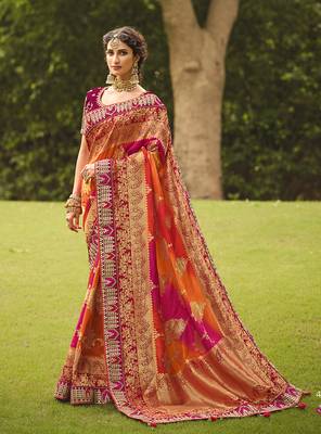 Orange embroidered silk saree with blouse 1