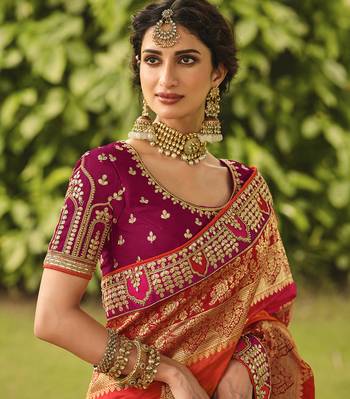 Orange embroidered silk saree with blouse 2
