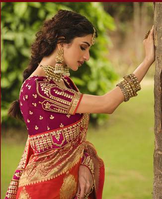 Orange embroidered silk saree with blouse 3