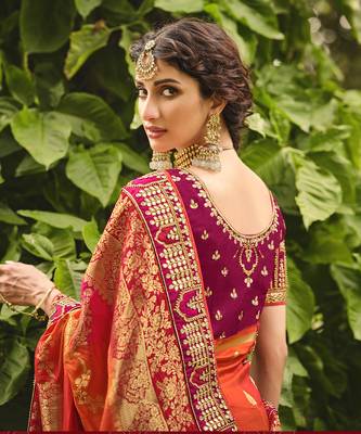 Orange embroidered silk saree with blouse 4