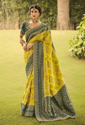 lemon embroidered silk saree with blouse 1