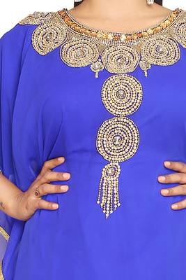 Royal Blue Dubai Kaftan Women Dress Moroccan Abaya Fancy Kaftans Farasha Georgette Long Gown  2