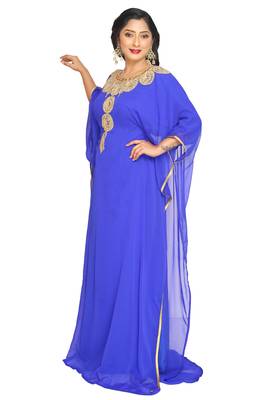 Royal Blue Dubai Kaftan Women Dress Moroccan Abaya Fancy Kaftans Farasha Georgette Long Gown  3