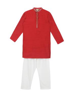 Red embroidered art silk boys-kurta-pyjama 1