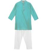 Turquoise embroidered art silk boys-kurta-pyjama
