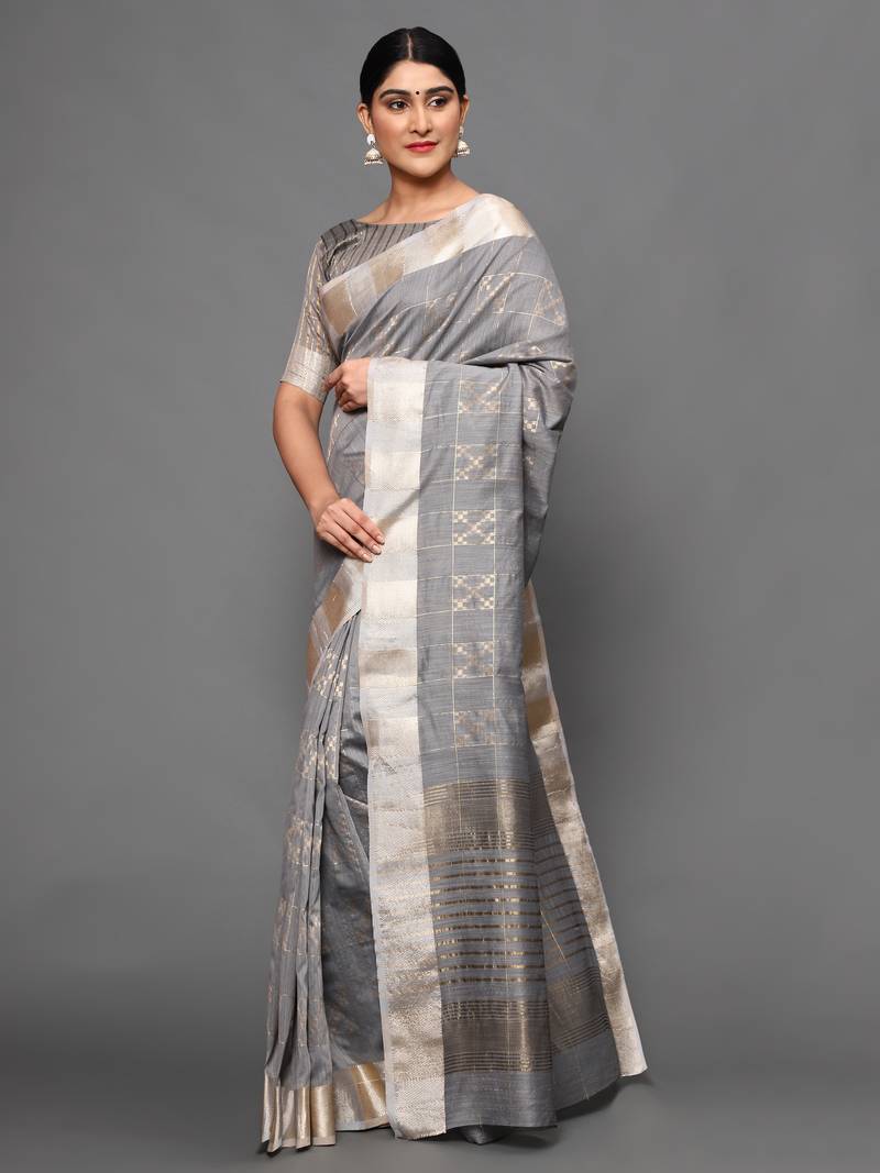 Glemora Grey Beautiful Ethnic Wear Silk Blend  Traditional Saree