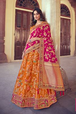 Orange embroidered silk semi stitched lehenga 1