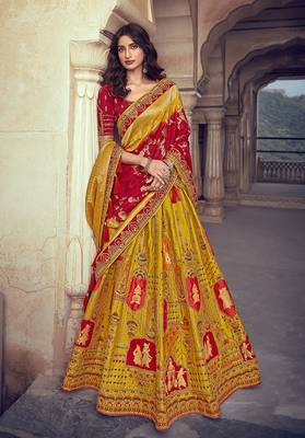 Yellow embroidered silk semi stitched lehenga 1