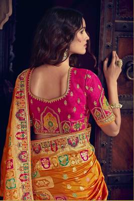 Yellow embroidered silk semi stitched lehenga 4