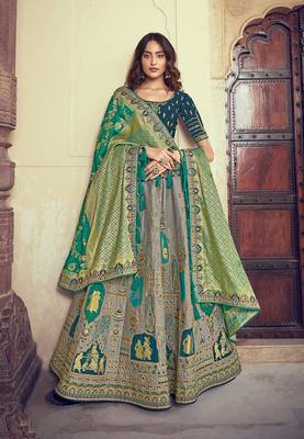 Grey embroidered silk semi stitched lehenga 1