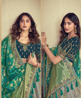 Grey embroidered silk semi stitched lehenga 2