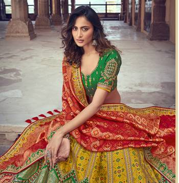 Yellow embroidered silk semi stitched lehenga 2
