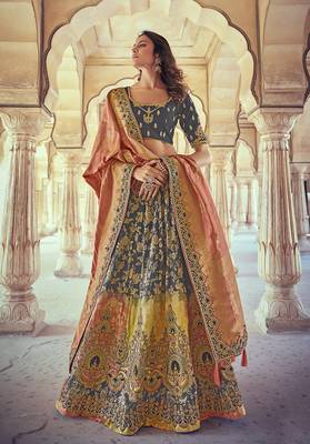 Dark-grey embroidered silk semi stitched lehenga 1