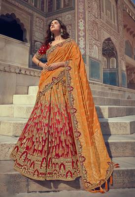 Red embroidered silk semi stitched lehenga 1