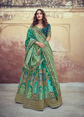 Teal embroidered silk semi stitched lehenga 1