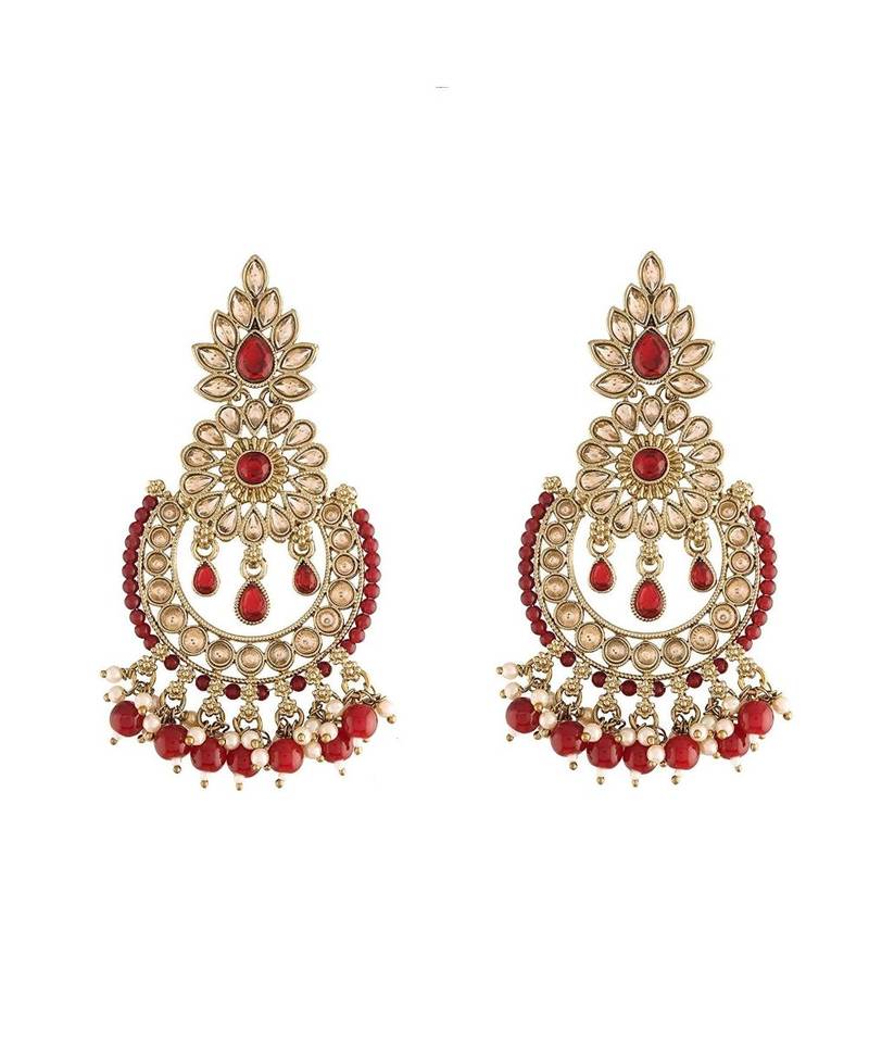 Gold Plated Chandbali Kundan Studded & Beaded Earrings for  