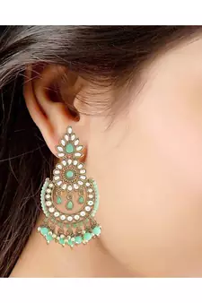 Gold Plated Chandbali Kundan Studded & Beaded Earrings for  