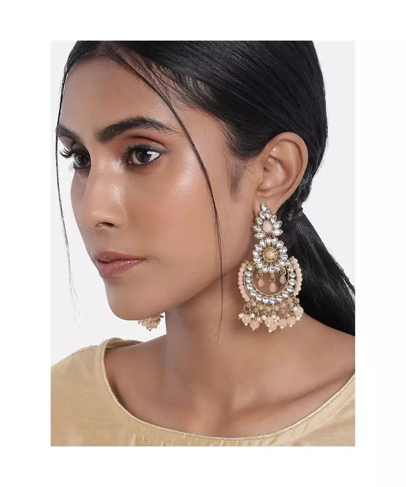 Gold Plated Chandbali Kundan Studded & Beaded Earrings for  (E4001Pe)