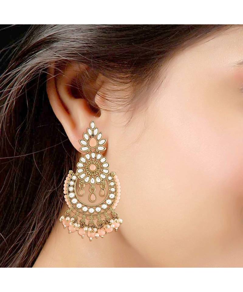 Gold Plated Chandbali Kundan Studded & Beaded Earrings for  (E4001Pe)