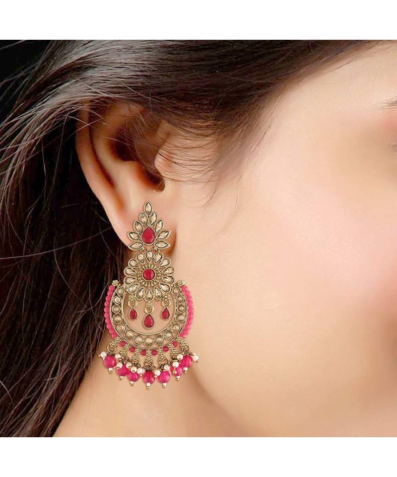 Gold Plated Chandbali Kundan Studded & Beaded Earrings for  