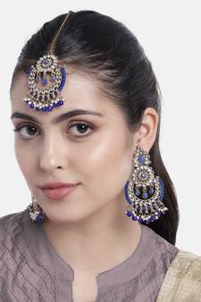Traditional Handcrafted Earrings With Maang Tikka Encased with Faux Kundan & Pearl for Girls (TE4001Bl)