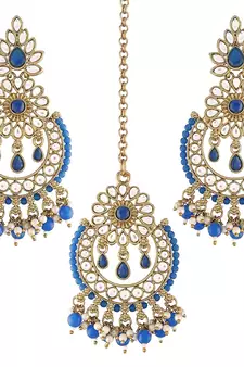 Traditional Handcrafted Earrings With Maang Tikka Encased with Faux Kundan & Pearl for Girls 
