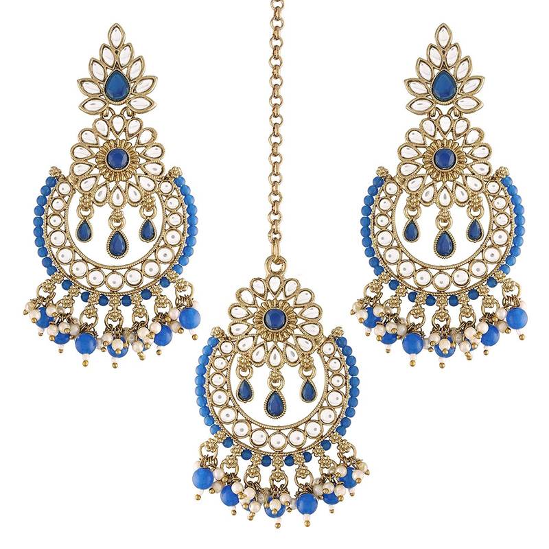 Traditional Handcrafted Earrings With Maang Tikka Encased with Faux Kundan & Pearl for Girls 