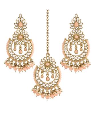 Traditional Handcrafted Earrings With Maang Tikka Encased with Faux Kundan & Pearl for Girls  1