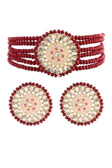 Gold Plated Traditional Choker Set Glided With Kundan & Pearls For Girls (K7203M)