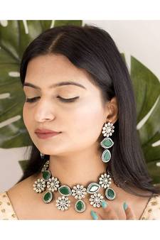 Gold Plated Green Stone Kundan Necklace Jewellery Set for  