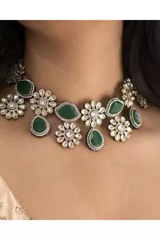 Gold Plated Green Stone Kundan Necklace Jewellery Set for  
