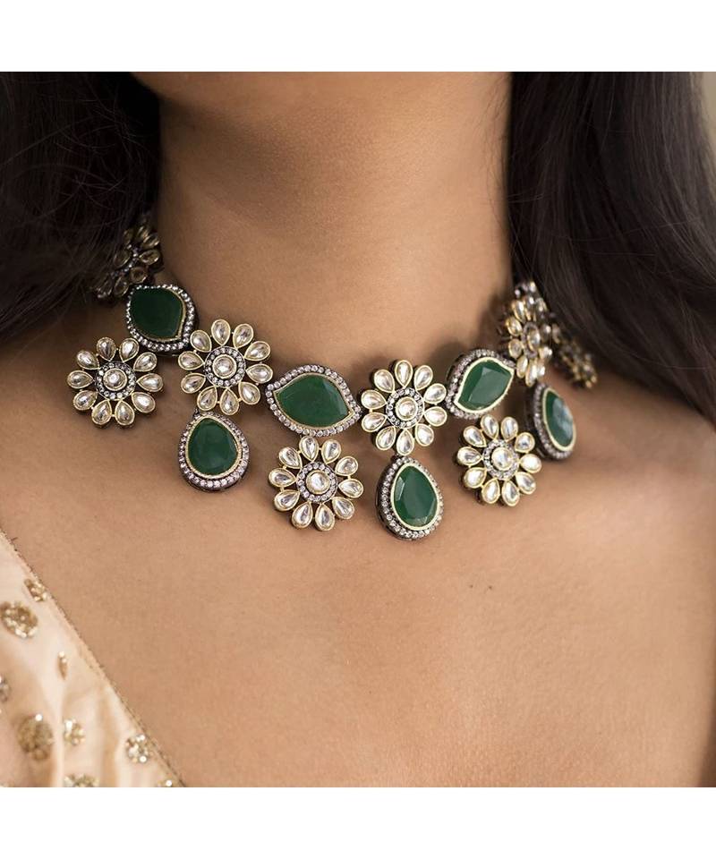 Gold Plated Green Stone Kundan Necklace Jewellery Set for  