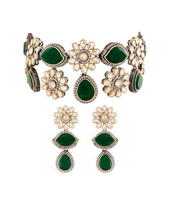 Gold Plated Green Stone Kundan Necklace Jewellery Set for   3