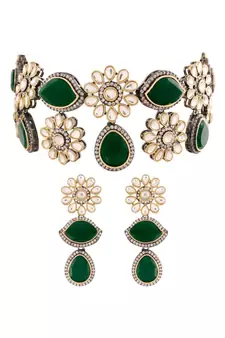 Gold Plated Green Stone Kundan Necklace Jewellery Set for  