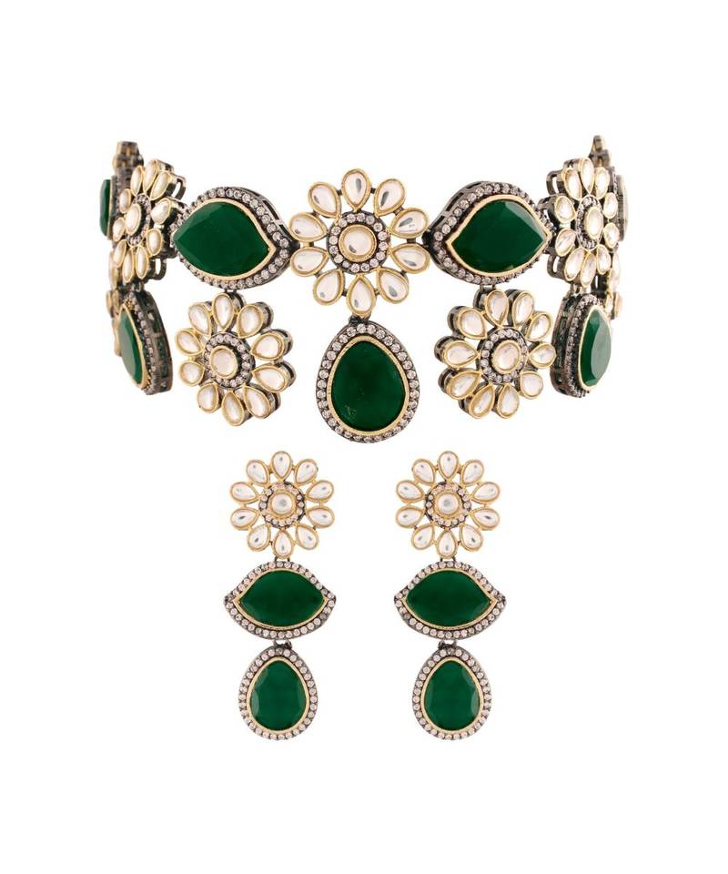Gold Plated Green Stone Kundan Necklace Jewellery Set for  