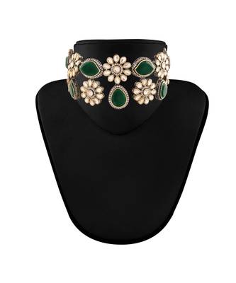 Gold Plated Green Stone Kundan Necklace Jewellery Set for   4