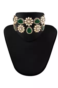 Gold Plated Green Stone Kundan Necklace Jewellery Set for  