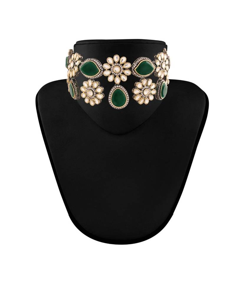 Gold Plated Green Stone Kundan Necklace Jewellery Set for  